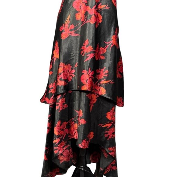 Vintage Y2K Floral Halter Cocktail Dress, Satin Asymmetrical Tiered Hem - Picture 7 of 10